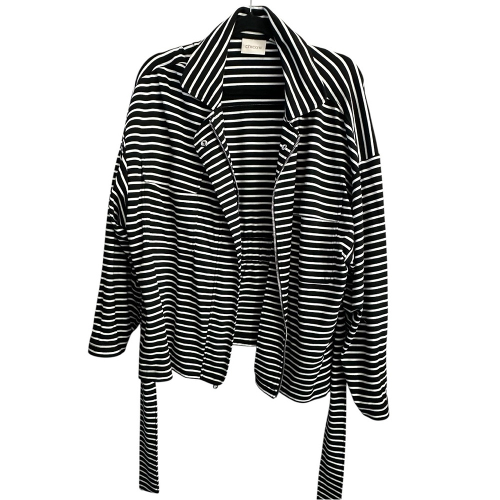 Chico’s Black and White Striped Jacket size XL transitional layered dressing